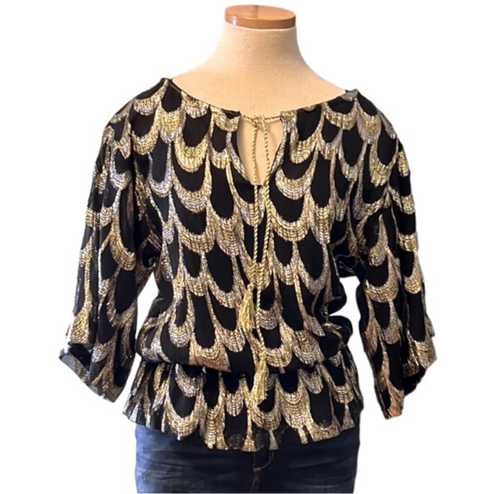 Trina Turk Gold Metallic Print Blouse, size 0/Petite
